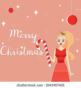 the design of a card with a happy Christmas greeting with a girl and a lollipop in a festive entourage can be used as a postcard invitation greeting card or a festive banner