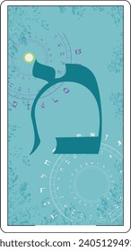 Design for a card of Hebrew tarot. Hebrew letter called Mem large and blue.