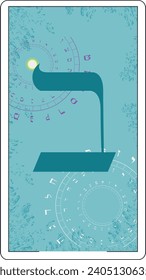 Design for a card of Hebrew tarot. Hebrew letter called Beth large and blue.