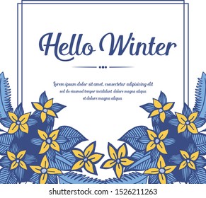 Design card hello winter, with elegant yellow wreath frame. Vector