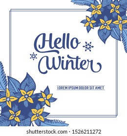 Design card hello winter, with elegant yellow wreath frame. Vector