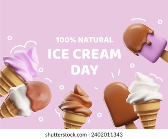 Design card with ice cream, 3d illustrations, vector objects in volume render. Different sweet cold dessert in cones and chocolate popsicle on a sticks. Banner or poster with realistic rendering