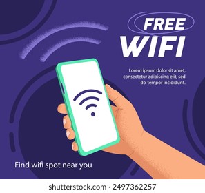 Diseño de tarjeta con información sobre hotspot disponible de WIFI gratuito. La persona sostiene el teléfono móvil en la mano, busca acceso a Internet, se conecta por teléfono inteligente en la zona WI FI. Ilustración vectorial plana