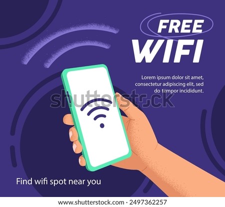 Design of card with information about available hotspot of free WIFI. Person holds mobile phone in hand, searches internet access, connects by smartphone in WI FI zone. Flat vector illustration