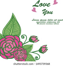 Design card of love you, with pink rose flower frame. Vector