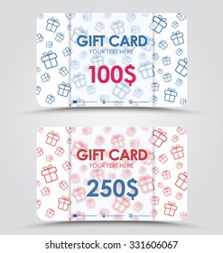 Design  card with red gift box on the background and blurred stripe for text. Vector illustration. Set.