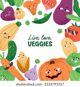 Design of card with round frame of funny vegetables. Circle shape with different farm food characters and place for text. Cute pumpkin, cucumber, tomato, carrot on template. Flat vector illustration