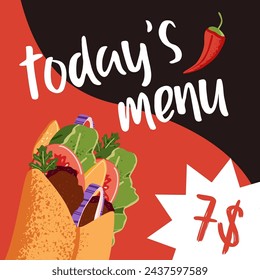 Design of card with today's discount. Promotion flyer of fast food restaurant menu. Sale price of shawarma on advertising leaflet. Template of special offer of doner kebab. Flat vector illustration