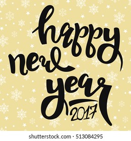 Design card with the type "Happy New Year 2017" on a gold background with white snowflakes. Vector illustration.