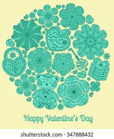 Design of card for Valentines day. Pattern with flowers, hearts, bear, gift and key.  Text Love you and Happy Valentines day.  Beautiful  floral background. Good for weddings, invitations, birthdays