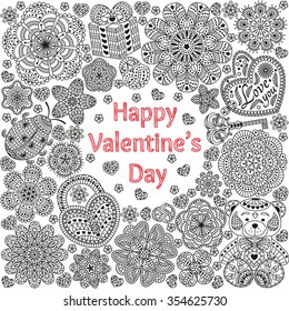 Design of card for Valentines day. Pattern with flowers, hearts, bear, gift and key.  Text Love you and Happy Valentines day.  Beautiful  floral background. Good for weddings, invitations, birthdays