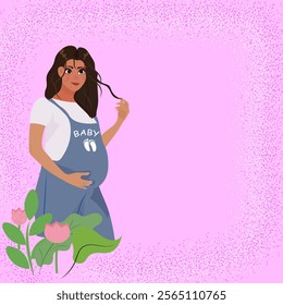 Design card.Delicate banner of pregnant woman with space for text, pregnancy, family, parenthood concept. Flat vector illustration on pink background.