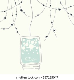 The design of the cards. Christmas snow globe. Glass jar with the snow and the word winter inside. At the top of the card garland with stars.