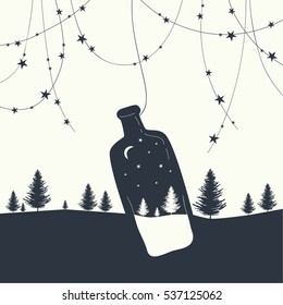 The design of the cards. Glass bottle with Christmas trees and a moon with stars inside. The glass bottle on the background of the natural landscape. At the top of the postcard garland with stars.