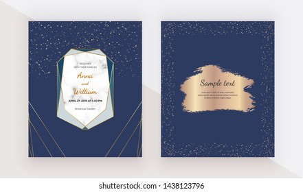 Design cards with gold geometric polygonal lines, confetti, frame and watercolor texture on the dark blue background. Trendy templates for banner, flyer, poster, save the date, greeting
