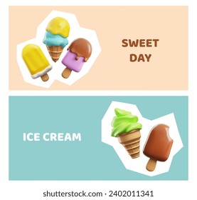Design cards with ice cream, 3d illustrations, vector objects in volume render. Different sweet cold dessert in cones and chocolate popsicle on a sticks. Banners or posters with realistic rendering
