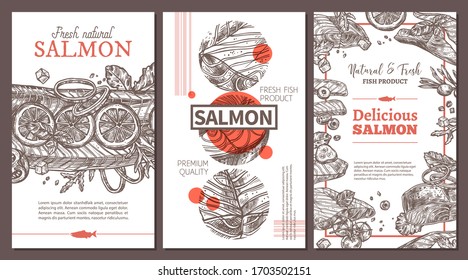 Design of cards, posters, labels or tags for fish meat, salmon, trout, tuna products. Set of templates with food, vegetables, greenery in hand drawn sketch engraved style. Layouts etching illustration