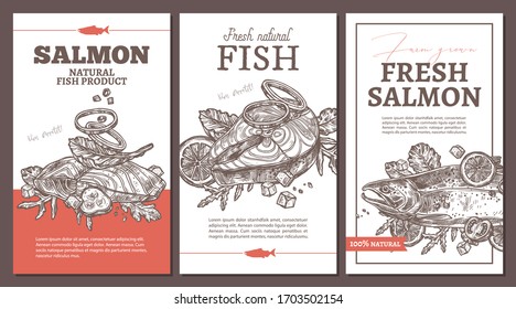 Design of cards, posters, labels or tags for fish meat, salmon, trout, tuna products. Set of templates with food, vegetables, greenery in hand drawn sketch engraved style. Layouts etching illustration