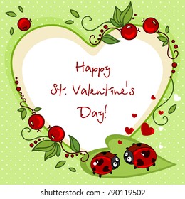 Design of cards for Valentine's Day in the form of a heart. Drawing two ladybirds with dots in the eyes of the hearth and a beautiful ornament around them.