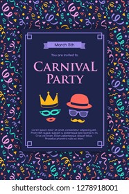 Design of Carnaval Party invitation with colorful pattern. Vector