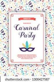 Design of Carnaval Party invitation with colorful pattern. Vector