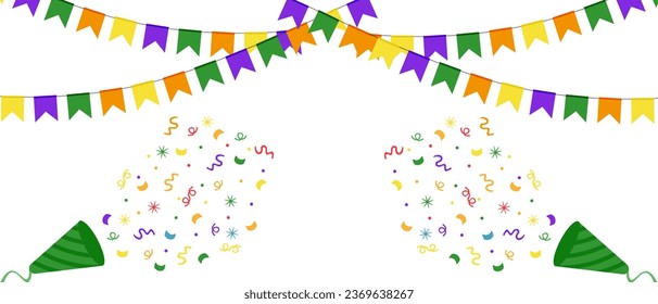 Design Carnival banner with Firecracker, ribbon, paper Confetti. Wallpaper  with Confetti and Petard. Holiday background. Vector illustration.