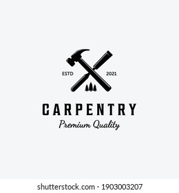 Design of Carpentry Logo Vector, Handcraft Concept with Hammer and Chisel, Vintage Illustration of Wood working