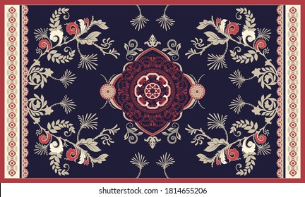 Design for carpet, rug, shawl, tapestry, towel, yoga mat with ornament. Floral and geometric symmetrical print with central mandala in the middle