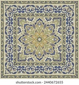 Design for carpet, textile, cushion, scarf. Oriental floral ornament with frame. Vector square pattern with ornamental flowers.