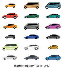 Design of cars of different types of body painting for various catalogs of urban traffic and presentations. A simplified illustration of a vehicle.  Different modes of transport versions.