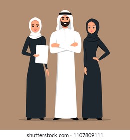 Design with Cartoon Characters business Moslem people in traditional clothing vector illustration.