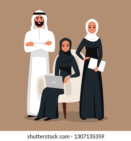 Design with Cartoon Characters business Moslem people in traditional clothing witm laptop and tablet. Arabian Business team of man and women. Vector illustration