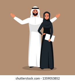 Design with Cartoon Characters business Moslem people in traditional clothing vector illustration. Arabian Business team of man and woman. Vector illustration