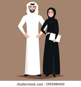 Design with cartoon characters business Muslim people in traditional clothing illustration. arabian business team of man and woman. Illustration Vector
