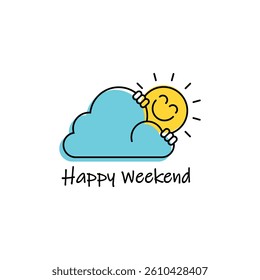 Design cartoon cloud with sun with happy cute face character. Happy sunny day concept vector 