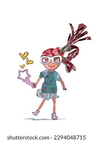 Design with a cartoon fashion girl  decorated with flowers and palm leaves, birds, paper style. Hand drawn vector illustration for t shirts, covers,  wallpaper, greeting cards etc.
