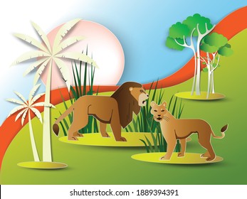Design cartoon lion and lioness paper cut art background. Vector illustration.