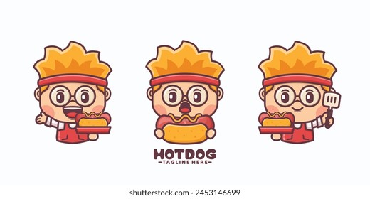 design cartoon mascot and hot dog with different expressions, vector illustration in outline style, suitable for culinary identity, cartoon icon, sticker, etc.