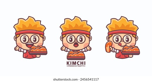 design cartoon mascot and kimchi with different expressions, vector illustration in outline style, suitable for culinary identity, cartoon icon, sticker, etc.