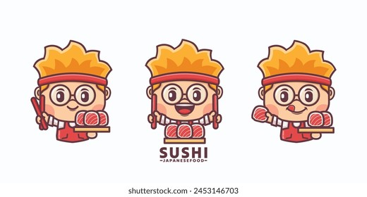 design cartoon mascot and sushi with different expressions, vector illustration in outline style, suitable for culinary identity, cartoon icon, sticker, etc.