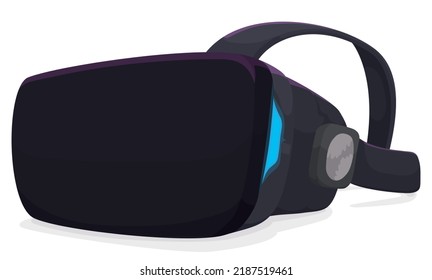 Design in cartoon style of a black reality headset with blue led and stripes, isolated over white background.