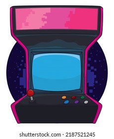 Design in cartoon style of a vintage arcade video game, with joystick, buttons and screen, also the case colored with pixels.