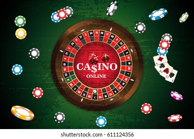 Design casino banner with roulette, dice, casino chips, playing cards for poker. Vector illustration
