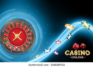 Design casino banner with roulette and poker chips. Vector illustration wheel fortune in casino on blue neon background