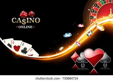 Design casino banner with roulette, poker chips, playing cards. Vector illustration the wheel fortune in casino