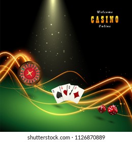 Design casino banner. Template with playing cards, dice, roulette.