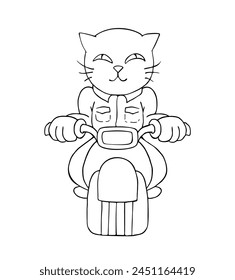 Design of cat with motorcycle draw to coloring