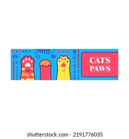 Design with cats paws. Cute kitty pas and geometric pattern on bright background. Domestic animals and pets concept. Template for poster, promotion or web design