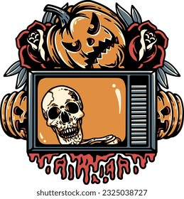 
is a design to celebrate Halloween, pictures with a tv with a skull show in it and don't forget the typical Halloween pumpkin