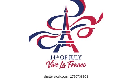 Design celebrating Bastille Day featuring the Eiffel Tower and festive ribbons in red, white, and blue colors.